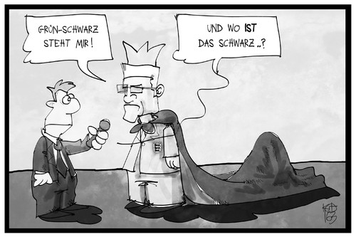 Cartoon: Grün-Schwarz (medium) by Kostas Koufogiorgos tagged karikatur,koufogiorgos,illustration,cartoon,gruen,schwarz,cdu,die,gruenen,baden,wuerttemberg,kretschmann,koenig,mantel,koalition,regierung,farbe,karikatur,koufogiorgos,illustration,cartoon,gruen,schwarz,cdu,die,gruenen,baden,wuerttemberg,kretschmann,koenig,mantel,koalition,regierung,farbe