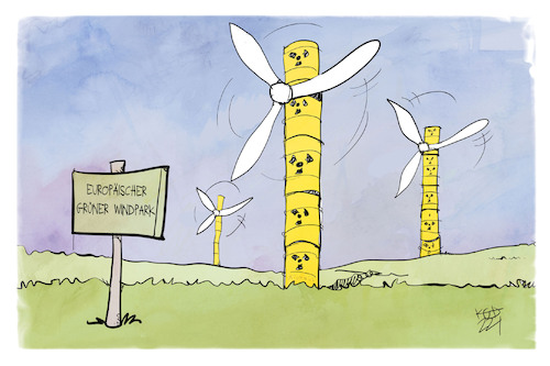 Cartoon: Gruene Energie (medium) by Kostas Koufogiorgos tagged karikatur,koufogiorgos,illustration,cartoon,eu,europa,windrad,greenwashing,windkraft,atomkraft,nuklear,oekologisch,karikatur,koufogiorgos,illustration,cartoon,eu,europa,windrad,greenwashing,windkraft,atomkraft,nuklear,oekologisch