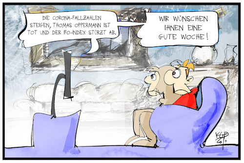 Cartoon: Guter Wochenstart (medium) by Kostas Koufogiorgos tagged karikatur,koufogiorgos,illustration,cartoon,wochenstart,nachrichten,hiobsbotschaft,fallzahlen,oppermann,pandemie,fernsehen,medien,zuschauer,karikatur,koufogiorgos,illustration,cartoon,wochenstart,nachrichten,hiobsbotschaft,fallzahlen,oppermann,pandemie,fernsehen,medien,zuschauer