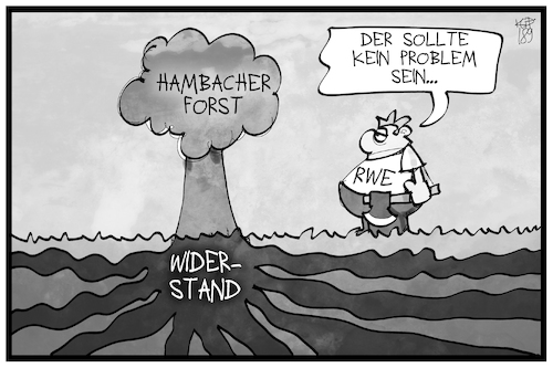 Cartoon: Hambacher Forst (medium) by Kostas Koufogiorgos tagged karikatur,koufogiorgos,illustration,cartoon,hambi,hambacher,forst,widerstand,wurzel,rwe,energie,wirtschaft,fällen,axt,braunkohle,baum,karikatur,koufogiorgos,illustration,cartoon,hambi,hambacher,forst,widerstand,wurzel,rwe,energie,wirtschaft,fällen,axt,braunkohle,baum