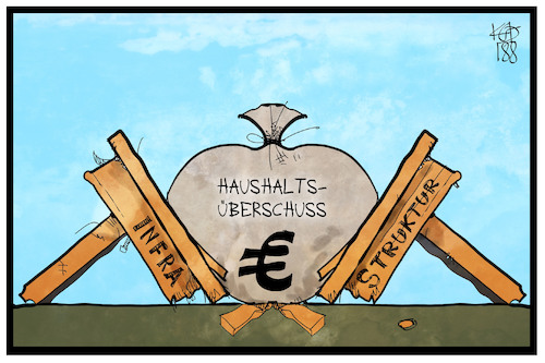 Cartoon: Haushaltsüberschuss (medium) by Kostas Koufogiorgos tagged karikatur,koufogiorgos,illustration,cartoon,haushalt,überschuss,geld,infrastruktur,tisch,zusammenbruch,marode,karikatur,koufogiorgos,illustration,cartoon,haushalt,überschuss,geld,infrastruktur,tisch,zusammenbruch,marode