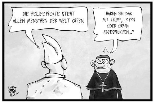 Cartoon: Heiliges Jahr (medium) by Kostas Koufogiorgos tagged karikatur,koufogiorgos,illustration,cartoon,papst,religion,katholizismus,vatikan,pertersdom,pforte,bischof,tür,öffnung,barmherzigkeit,le,pen,trump,orban,flüchtlingspolitik,karikatur,koufogiorgos,illustration,cartoon,papst,religion,katholizismus,vatikan,pertersdom,pforte,bischof,tür,öffnung,barmherzigkeit,le,pen,trump,orban,flüchtlingspolitik