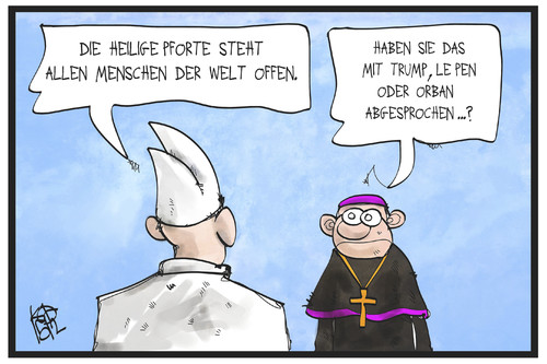 Cartoon: Heiliges Jahr (medium) by Kostas Koufogiorgos tagged karikatur,koufogiorgos,illustration,cartoon,papst,religion,katholizismus,vatikan,pertersdom,pforte,bischof,tür,öffnung,barmherzigkeit,le,pen,trump,orban,flüchtlingspolitik,karikatur,koufogiorgos,illustration,cartoon,papst,religion,katholizismus,vatikan,pertersdom,pforte,bischof,tür,öffnung,barmherzigkeit,le,pen,trump,orban,flüchtlingspolitik