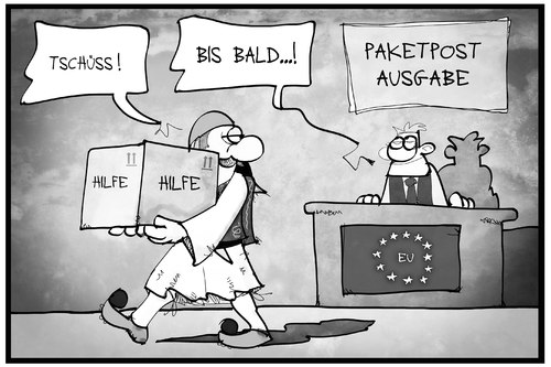 Cartoon: Hilfspaket (medium) by Kostas Koufogiorgos tagged karikatur,koufogiorgos,cartoon,illustration,griechenland,tracht,traditionell,post,paket,hilfspaket,hilfe,eu,europa,euro,abholung,ausgabe,politik,karikatur,koufogiorgos,cartoon,illustration,griechenland,tracht,traditionell,post,paket,hilfspaket,hilfe,eu,europa,euro,abholung,ausgabe,politik