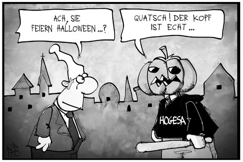 Cartoon: HoGeSa (medium) by Kostas Koufogiorgos tagged karikatur,koufogiorgos,illustration,cartoon,hogesa,halloween,kürbis,kopf,verkleidung,gewalt,hooligan,extremismus,michel,karikatur,koufogiorgos,illustration,cartoon,hogesa,halloween,kürbis,kopf,verkleidung,gewalt,hooligan,extremismus,michel