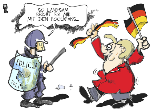 Cartoon: Hooligans (medium) by Kostas Koufogiorgos tagged merkel,polizei,danzig,fussball,hooligan,fan,em,europa,meisterschaft,karikatur,kostas,koufogiorgos,merkel,polizei,danzig,fussball,hooligan,fan,em,europa