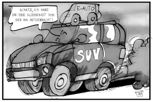 Cartoon: IAA (medium) by Kostas Koufogiorgos tagged karikatur,koufogiorgos,illustration,cartoon,suv,elektro,mobilität,iaa,messe,wirtschaft,umwelt,verbraucher,kunde,auto,karikatur,koufogiorgos,illustration,cartoon,suv,elektro,mobilität,iaa,messe,wirtschaft,umwelt,verbraucher,kunde,auto