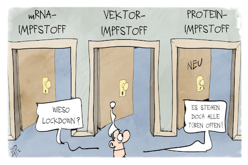 Cartoon: Impfstoffe (medium) by Kostas Koufogiorgos tagged karikatur,koufogiorgos,illustration,cartoon,novavax,mrna,protein,vektor,tür,lockdown,karikatur,koufogiorgos,illustration,cartoon,novavax,mrna,protein,vektor,tür,lockdown