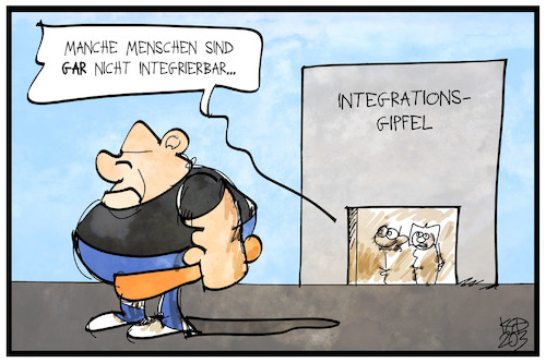 Cartoon: Integrationsgipfel (medium) by Kostas Koufogiorgos tagged karikatur,koufogiorgos,illustration,cartoon,integrationsgipfel,integration,neonazi,gewalt,terrorist,terrorismus,einwanderungsland,anpassung,deutschland,karikatur,koufogiorgos,illustration,cartoon,integrationsgipfel,integration,neonazi,gewalt,terrorist,terrorismus,einwanderungsland,anpassung,deutschland