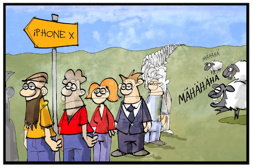 Cartoon: iPhone X (medium) by Kostas Koufogiorgos tagged karikatur,koufogiorgos,illustration,cartoon,iphone,smartphone,apple,schlange,anstehen,schaf,herde,konsum,kunden,kult,kaufen,handy,wirtschaft,karikatur,koufogiorgos,illustration,cartoon,iphone,smartphone,apple,schlange,anstehen,schaf,herde,konsum,kunden,kult,kaufen,handy,wirtschaft