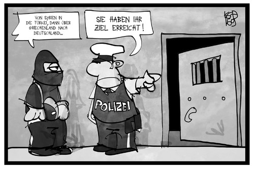 Cartoon: IS-Terroristen in Deutschland (medium) by Kostas Koufogiorgos tagged karikatur,koufogiorgos,illustration,cartoon,deutschland,is,isis,terrorist,terroristen,polizei,justiz,gefängnis,festnahme,verhaftung,ziel,reise,islamismus,fanatismus,extremismus,karikatur,koufogiorgos,illustration,cartoon,deutschland,is,isis,terrorist,terroristen,polizei,justiz,gefängnis,festnahme,verhaftung,ziel,reise,islamismus,fanatismus,extremismus