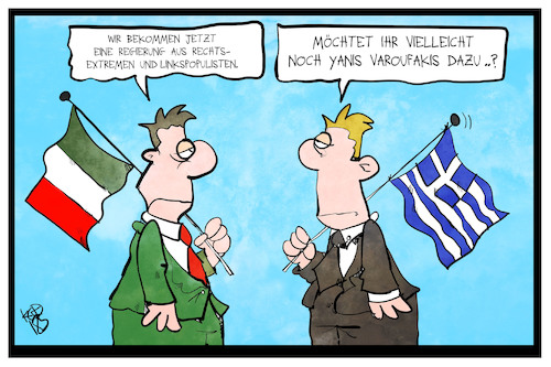 Cartoon: Italienisch-griechische Parallel (medium) by Kostas Koufogiorgos tagged karikatur,koufogiorgos,illustration,cartoon,italien,griechenland,regierung,populisten,extremisten,rechts,links,fahne,europa,demokratiekarikatur,demokratie,parallelen,varoufakis,karikatur,koufogiorgos,illustration,cartoon,italien,griechenland,regierung,populisten,extremisten,rechts,links,fahne,europa,demokratiekarikatur,demokratie,parallelen,varoufakis