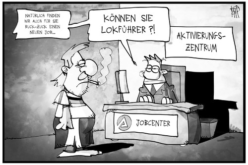 Cartoon: Job-Aktivierungszentrum (medium) by Kostas Koufogiorgos tagged karikatur,koufogiorgos,illustration,cartoon,arbeitsamt,jobcenter,agentur,arbeitslosigkeit,lokführer,beratung,politik,arbeit,job,vermittlung,karikatur,koufogiorgos,illustration,cartoon,arbeitsamt,jobcenter,agentur,arbeitslosigkeit,lokführer,beratung,politik,arbeit,job,vermittlung