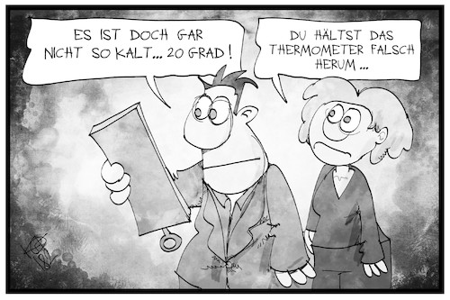 Cartoon: Kälterekorde in Europa (medium) by Kostas Koufogiorgos tagged karikatur,koufogiorgos,illustration,cartoon,kaelte,kaeltewelle,winter,wetter,klima,thermometer,verwechslung,mann,frau,grad,celsius,karikatur,koufogiorgos,illustration,cartoon,kaelte,kaeltewelle,winter,wetter,klima,thermometer,verwechslung,mann,frau,grad,celsius