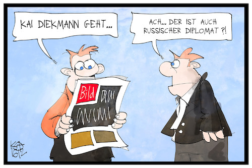 Cartoon: Kai Diekmann geht (medium) by Kostas Koufogiorgos tagged karikatur,koufogiorgos,illustration,cartoon,kai,diekmann,diplomat,bild,springer,zeitung,verlag,russland,leser,journalist,ausweisung,karikatur,koufogiorgos,illustration,cartoon,kai,diekmann,diplomat,bild,springer,zeitung,verlag,russland,leser,journalist,ausweisung