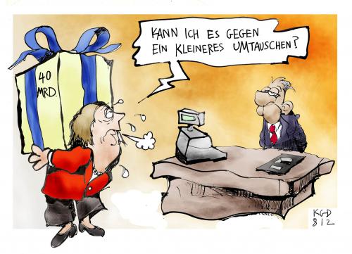 Cartoon: Kann ich es umtauschen? (medium) by Kostas Koufogiorgos tagged merkel,angela,konjunktur,paket,wirtschaft,finanzkrise,umtausch,steuersenkungen,cdu,regierung,weihnachten,kostas,koufogiorgos,angela merkel,konjunktur,paket,rettungspaket,hilfspaket,päckchen,geschenke,geschenk,umtausch,umtauschen,finanzkrise,wirschaftskrise,geld,schulden,finanzen,steuern,steuersenkungen,cdu,regierung,weihnachten,angela,merkel,wirtschaft