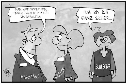 Cartoon: Karstadt und Kaufhof fusionieren (medium) by Kostas Koufogiorgos tagged karikatur,koufogiorgos,illustration,cartoon,kaufhof,karstadt,schlecker,mitarbeiter,job,fusion,wirtschaft,einzelhandel,karikatur,koufogiorgos,illustration,cartoon,kaufhof,karstadt,schlecker,mitarbeiter,job,fusion,wirtschaft,einzelhandel