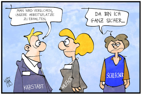 Cartoon: Karstadt und Kaufhof fusionieren (medium) by Kostas Koufogiorgos tagged karikatur,koufogiorgos,illustration,cartoon,kaufhof,karstadt,schlecker,mitarbeiter,job,fusion,wirtschaft,einzelhandel,karikatur,koufogiorgos,illustration,cartoon,kaufhof,karstadt,schlecker,mitarbeiter,job,fusion,wirtschaft,einzelhandel