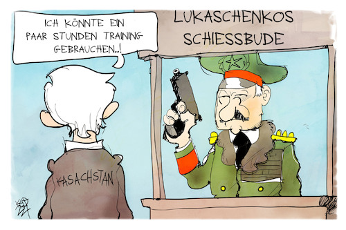 Cartoon: Kasachstan (medium) by Kostas Koufogiorgos tagged karikatur,koufogiorgos,illustration,cartoon,kasachstan,lukaschenko,schießbefehl,schießtrainer,diktatur,protest,weißrussland,tokajew,karikatur,koufogiorgos,illustration,cartoon,kasachstan,lukaschenko,schießbefehl,schießtrainer,diktatur,protest,weißrussland,tokajew