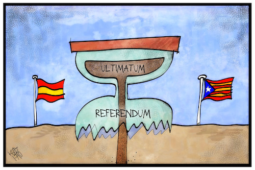 Cartoon: Katalonien-Ultimatum (medium) by Kostas Koufogiorgos tagged karikatur,koufogiorgos,illustration,cartoon,spanien,katalonien,zeit,sanduhr,ablaufen,referendum,separatismus,unabhängigkeit,europa,karikatur,koufogiorgos,illustration,cartoon,spanien,katalonien,zeit,sanduhr,ablaufen,referendum,separatismus,unabhängigkeit,europa