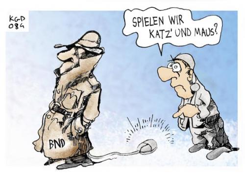 Cartoon: Katz und Maus (medium) by Kostas Koufogiorgos tagged bnd,bespitzelung,journalismus,kostas,koufogiorgos,bnd,bespitzelung,journalismus,katz,und,maus,trenchcoat,spionage,stasi,big,brother,überwachungsstaat,terrorismus,wanzen,abhörungen,trojaner,wolfgang,schäuble,angst,panik,sicherheit,schutz,transparenz,datenschutz,festplattendurchsuchungen,journalisten,pressefreiheit,fernmelde,postgeheimnis,wolfgang schäuble