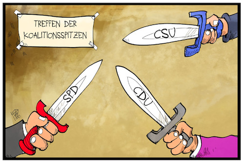 Cartoon: Koalitionsspitzentreffen (medium) by Kostas Koufogiorgos tagged karikatur,koufogiorgos,illustration,cartoon,koalition,treffen,spitzentreffen,spd,cdu,csu,kampf,schwert,streit,asylstreit,politik,karikatur,koufogiorgos,illustration,cartoon,koalition,treffen,spitzentreffen,spd,cdu,csu,kampf,schwert,streit,asylstreit,politik