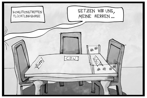 Cartoon: Koalitionstreffen (medium) by Kostas Koufogiorgos tagged karikatur,koufogiorgos,illustration,cartoon,koalition,treffen,gipfel,flüchtlingskrise,tisch,verhandlung,beratung,cdu,csu,spd,regierung,partei,groko,zaun,abschottung,politik,karikatur,koufogiorgos,illustration,cartoon,koalition,treffen,gipfel,flüchtlingskrise,tisch,verhandlung,beratung,cdu,csu,spd,regierung,partei,groko,zaun,abschottung,politik