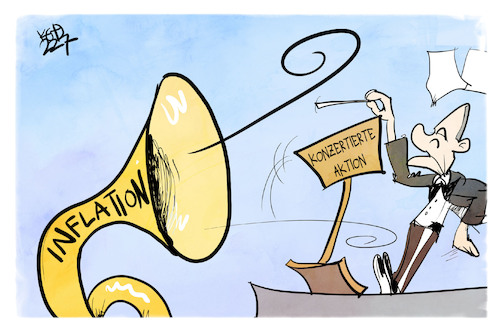 Cartoon: Konzertierte Aktion (medium) by Kostas Koufogiorgos tagged karikatur,koufogiorgos,konzertierte,aktion,inflation,scholz,dirigent,karikatur,koufogiorgos,konzertierte,aktion,inflation,scholz,dirigent