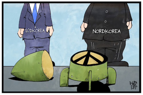 Cartoon: Korea-Gipfel (medium) by Kostas Koufogiorgos tagged karikatur,koufogiorgos,illustration,cartoon,südkorea,nordkorea,frieden,waffen,rakete,beziehung,krieg,konflikt,zeichen,symbol,peace,karikatur,koufogiorgos,illustration,cartoon,südkorea,nordkorea,frieden,waffen,rakete,beziehung,krieg,konflikt,zeichen,symbol,peace