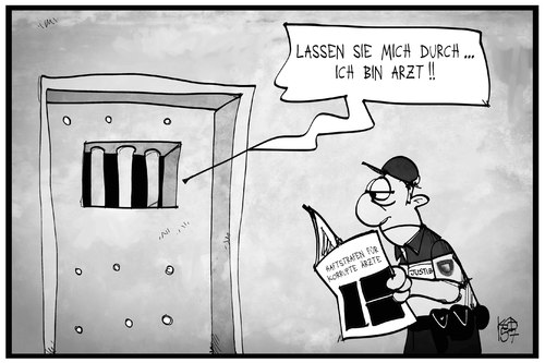 Cartoon: Korrupte Ärzte (medium) by Kostas Koufogiorgos tagged karikatur,koufogiorgos,cartoon,illustration,arzt,haft,gefängnis,korruption,rauslassen,durchlassen,justiz,jva,beamter,schliesser,zeitung,wache,gesundheitswesen,beruf,karikatur,koufogiorgos,cartoon,illustration,arzt,haft,gefängnis,korruption,rauslassen,durchlassen,justiz,jva,beamter,schliesser,zeitung,wache,gesundheitswesen,beruf