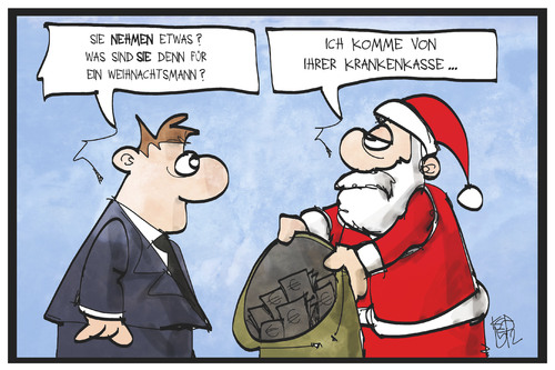 Cartoon: Krankenkassenbeiträge (medium) by Kostas Koufogiorgos tagged karikatur,koufogiorgos,illustration,cartoon,krankenkasse,weihnachtsmann,geld,beiträge,sozialstaat,geschenk,geben,nehmen,karikatur,koufogiorgos,illustration,cartoon,krankenkasse,weihnachtsmann,geld,beiträge,sozialstaat,geschenk,geben,nehmen