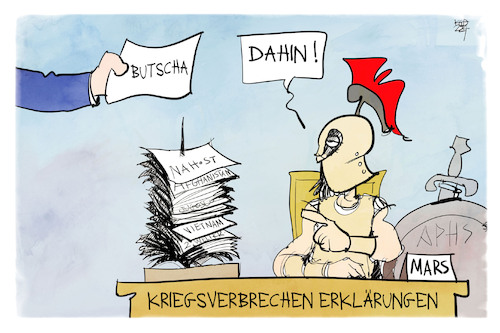 Cartoon: Kriegsverbrechen (medium) by Kostas Koufogiorgos tagged karikatur,koufogiorgos,aris,mars,kriegsverbrechen,erklärung,bürokratie,verwaltung,krieg,butscha,ukraine,karikatur,koufogiorgos,aris,mars,kriegsverbrechen,erklärung,bürokratie,verwaltung,krieg,butscha,ukraine