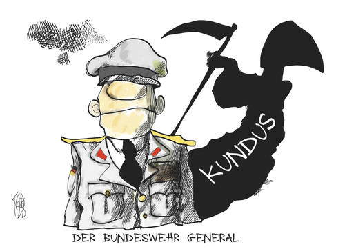 Cartoon: Kundus-Affäre (medium) by Kostas Koufogiorgos tagged klein,oberst,general,bundeswehr,kundus,affäre,afghanistan,krieg,angriff,bombardierung,sensenmann,karikatur,kostas,koufogiorgos