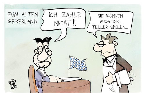 Cartoon: Länderfinanzausgleich (medium) by Kostas Koufogiorgos tagged karikatur,koufogiorgos,söder,bayern,gast,geberland,rechnung,bundesland,geld,karikatur,koufogiorgos,söder,bayern,gast,geberland,rechnung,bundesland,geld