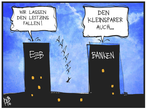 Cartoon: Leitzinssenkung (medium) by Kostas Koufogiorgos tagged karikatur,koufogiorgos,illustration,cartoon,ezb,bank,leitzins,zinsen,kleinsparer,geld,wirtschaft,selbstmord,zinspolitik,europa,zentralbank,frankfurt,karikatur,koufogiorgos,illustration,cartoon,ezb,bank,leitzins,zinsen,kleinsparer,geld,wirtschaft,selbstmord,zinspolitik,europa,zentralbank,frankfurt