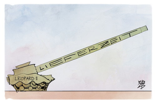 Cartoon: Leopard II (medium) by Kostas Koufogiorgos tagged karikatur,koufogiorgos,leopard,panzer,lieferzeit,kanone,verlängerung,warten,militär,karikatur,koufogiorgos,leopard,panzer,lieferzeit,kanone,verlängerung,warten,militär