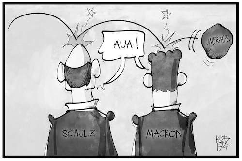 Cartoon: Macron und Schulz (medium) by Kostas Koufogiorgos tagged karikatur,koufogiorgos,illustration,cartoon,macron,schulz,umfrage,dämpfer,frankreich,deutschland,en,marche,spd,karikatur,koufogiorgos,illustration,cartoon,macron,schulz,umfrage,dämpfer,frankreich,deutschland,en,marche,spd