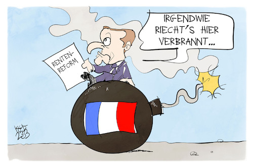 Cartoon: Macrons Rentenreform (medium) by Kostas Koufogiorgos tagged karikatur,koufogiorgos,macron,bombe,rentenreform,unruhe,feuer,frankreich,karikatur,koufogiorgos,macron,bombe,rentenreform,unruhe,feuer,frankreich