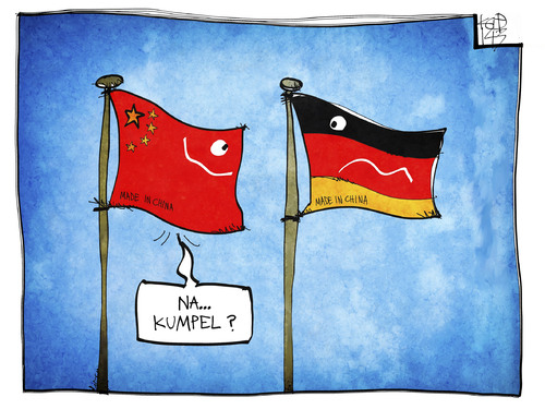 Cartoon: Made in China (medium) by Kostas Koufogiorgos tagged karikatur,illustration,cartoon,koufogiorgos,china,flagge,fahne,deutschland,wirtschaft,politik,staatsbesuch,karikatur,illustration,cartoon,koufogiorgos,china,flagge,fahne,deutschland,wirtschaft,politik,staatsbesuch