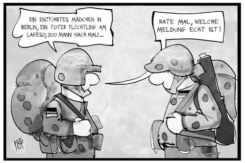 Cartoon: Mali-Einsatz (medium) by Kostas Koufogiorgos tagged karikaturen,koufogiorgos,illustration,cartoon,soldat,bundeswehr,mandat,falschmeldung,mali,lageso,flüchtling,beruf,fake,armee,militär,karikaturen,koufogiorgos,illustration,cartoon,soldat,bundeswehr,mandat,falschmeldung,mali,lageso,flüchtling,beruf,fake,armee,militär