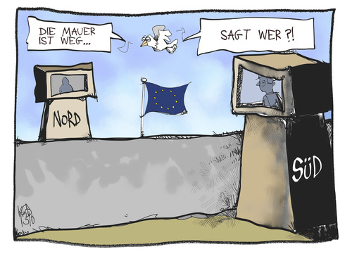 Cartoon: Mauerbau (medium) by Kostas Koufogiorgos tagged mauer,wiedervereinigung,europa,teilung,nord,süd,karikatur,koufogiorgos,mauer,wiedervereinigung,europa,teilung,nord,süd,karikatur,koufogiorgos