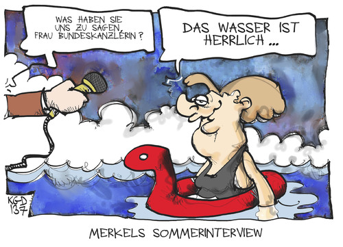 Cartoon: Merkels Sommerinterview (medium) by Kostas Koufogiorgos tagged merkel,sommerinterview,urlaub,journalismus,ferien,politik,bundeskanzlerin,karikatur,koufogiorgos,merkel,sommerinterview,urlaub,journalismus,ferien,politik,bundeskanzlerin,karikatur,koufogiorgos