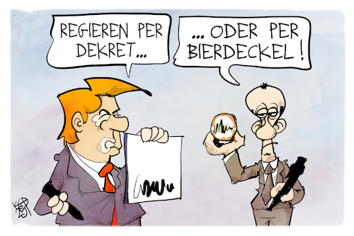 Cartoon: Merz gibt den Trump (medium) by Kostas Koufogiorgos tagged karikatur,koufogiorgos,trump,merz,bierdeckel,dekret,unterschrift,karikatur,koufogiorgos,trump,merz,bierdeckel,dekret,unterschrift