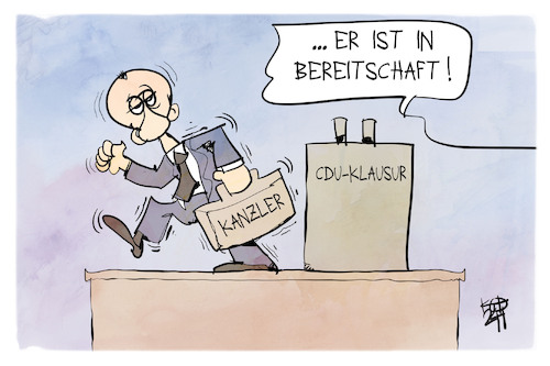 Cartoon: Merz steht bereit (medium) by Kostas Koufogiorgos tagged karikatur,koufogioros,merz,cdu,klausur,kanzler,karikatur,koufogioros,merz,cdu,klausur,kanzler