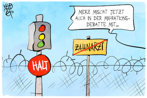 Cartoon: Migrationsdebatte (medium) by Kostas Koufogiorgos tagged karikatur,koufogiorgos,merz,cdu,migration,asyl,debatte,zahnarzt,karikatur,koufogiorgos,merz,cdu,migration,asyl,debatte,zahnarzt
