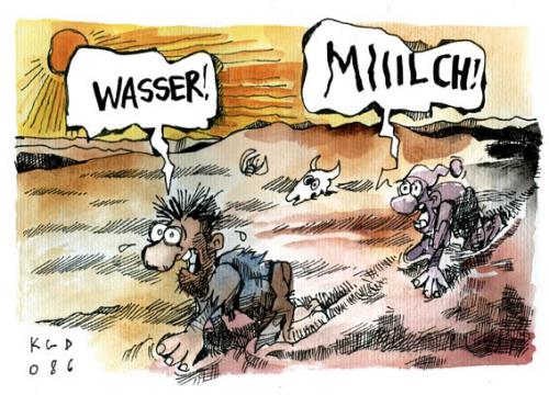 Cartoon: Milch und Wasser (medium) by Kostas Koufogiorgos tagged milch,boykott,lebensmittel,preise,discounter,milchbauern,kostas,koufogiorgos,milch,boykott,lebensmittel,preise,discounter,milchbauern,gehälter,steuern,händler,wüste,durst,verdursten,knappheit,mangel,überfluss,hunger,wegkippen,ablassen,streik,demonstration