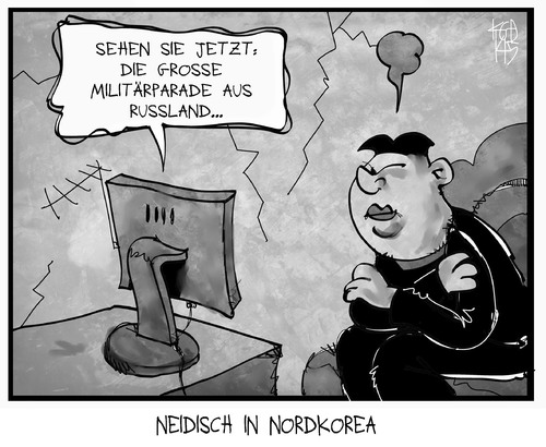 Cartoon: Militärparaden (medium) by Kostas Koufogiorgos tagged karikatur,koufogiorgos,illustration,cartoon,nordkorea,russland,kim,jong,un,diktator,parade,militär,fernsehen,neid,eifersucht,show,politik,gedenktag,karikatur,koufogiorgos,illustration,cartoon,nordkorea,russland,kim,jong,un,diktator,parade,militär,fernsehen,neid,eifersucht,show,politik,gedenktag