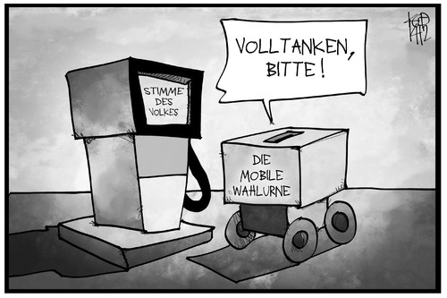 Cartoon: Mobile Wahlurne (medium) by Kostas Koufogiorgos tagged karikatur,koufogiorgos,illustration,cartoon,wahl,urne,tanken,volksstimme,demokratie,mobilität,flexibilität,wähler,stimme,politik,karikatur,koufogiorgos,illustration,cartoon,wahl,urne,tanken,volksstimme,demokratie,mobilität,flexibilität,wähler,stimme,politik