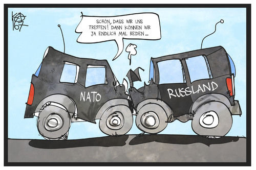 Cartoon: NATO-Gipfel (medium) by Kostas Koufogiorgos tagged karikatur,koufogiorgos,illustration,cartoon,nato,russland,gipfel,abschreckung,aufprall,dialog,gespraech,konflikt,verteidigung,buendnis,auto,crash,diplomatie,karikatur,koufogiorgos,illustration,cartoon,nato,russland,gipfel,abschreckung,aufprall,dialog,gespraech,konflikt,verteidigung,buendnis,auto,crash,diplomatie