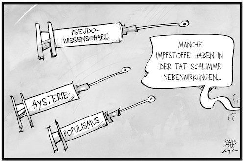 Cartoon: Nebenwirkungen (medium) by Kostas Koufogiorgos tagged karikatur,koufogiorgos,illustration,cartoon,nebenwirkungen,spritze,impfstoff,hysterie,wissenschaft,pandemie,wirkstoff,covid,corona,karikatur,koufogiorgos,illustration,cartoon,nebenwirkungen,spritze,impfstoff,hysterie,wissenschaft,pandemie,wirkstoff,covid,corona